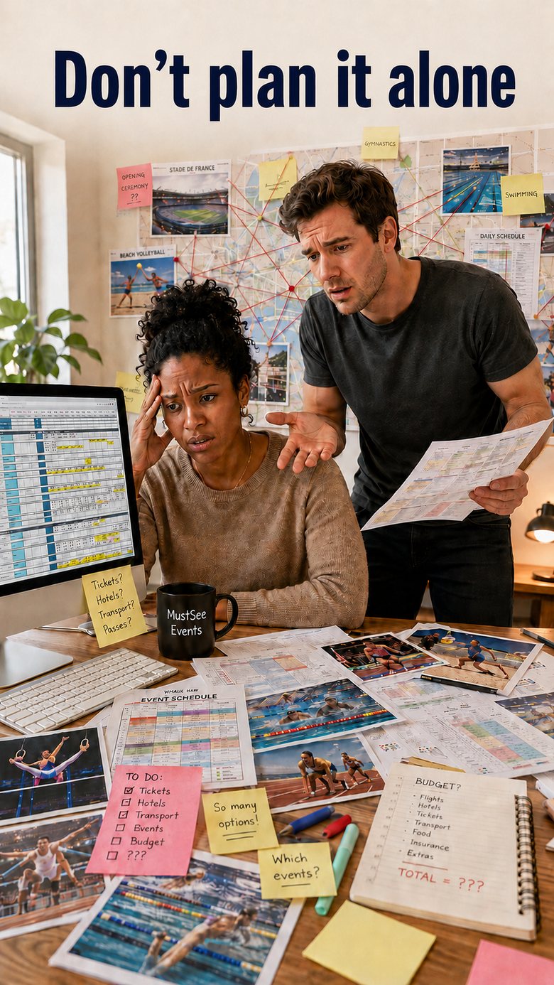 Two fans looking overwhelmed while planning Olympic events at a desk covered with schedules and notes